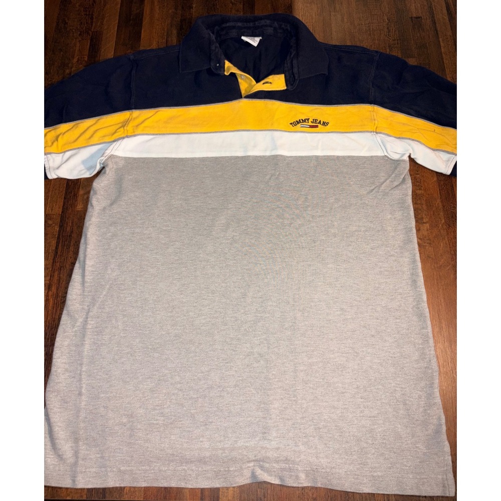 Vintage Tommy Jeans Mens Colorblock Polo Shirt Navy Yellow‎ Grey Size M READ
